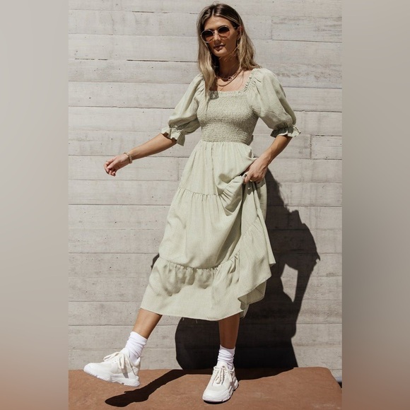 Bohme Green Gingham Smocked Puff Sleeve Midi Dress with Back Bow Cottagecore - Picture 2 of 11